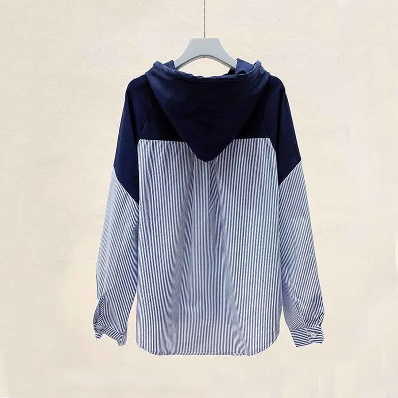 Sweatshirts Plus Size 2021 Autumn Hooded Striped Stitching Shirt Female Korean Style Loose Hoodies Women Drawstring Tops 11943