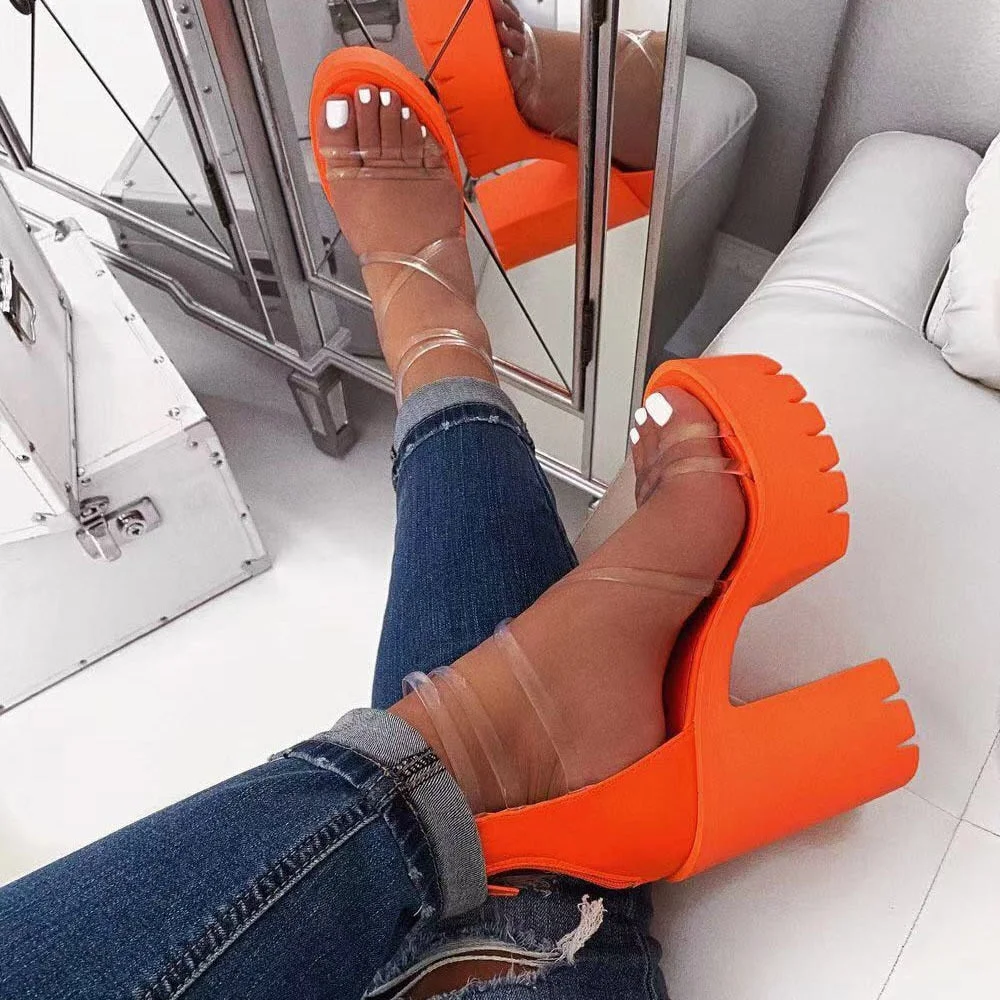 Night Club Party Platform Chunky Heel Sandals Summer Plus Size Shoes Transparent Gladiator Heel Sandals  Shoes Women