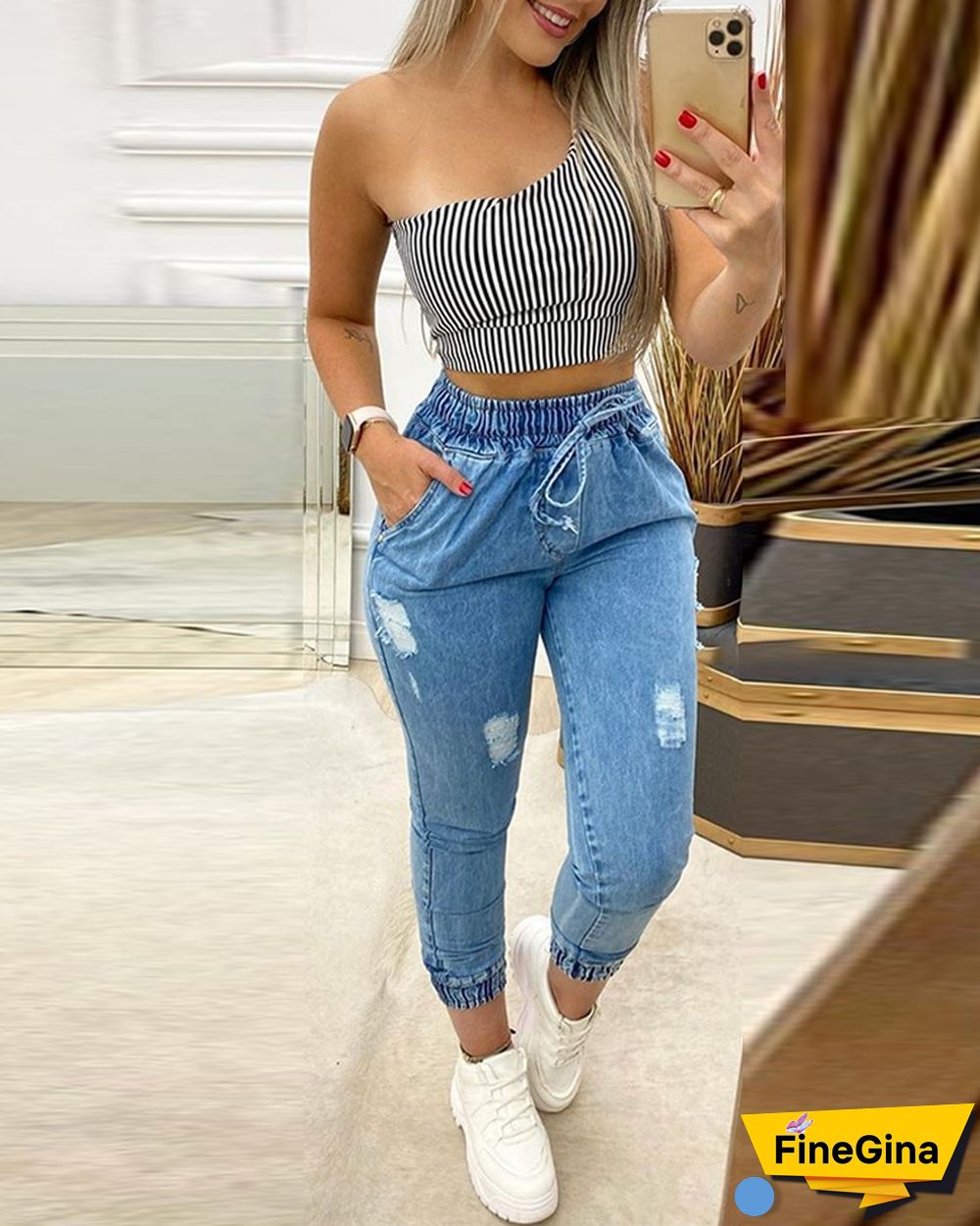 Solid Color Drawstring Elasticized Waist Ripped Jeans