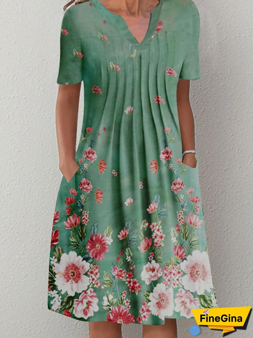 Casual Green Printed Flower V-neck Dress