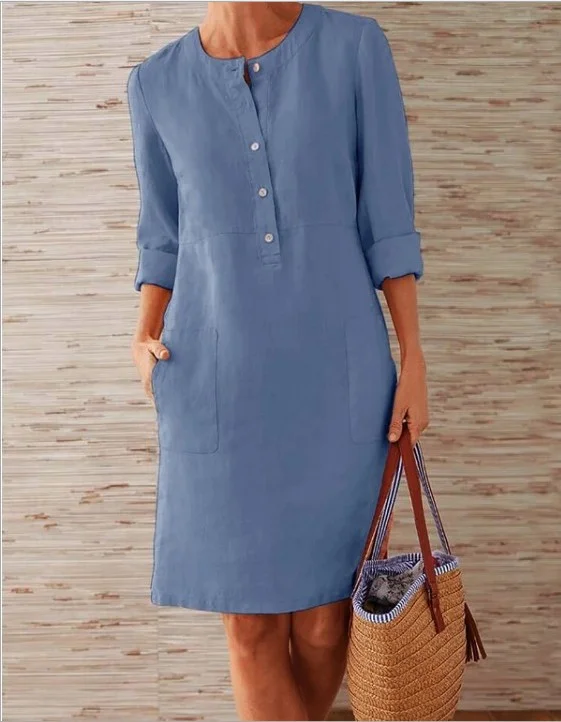 Cotton Linen Vintage Long Sleeve Button Pocket Loose Dress