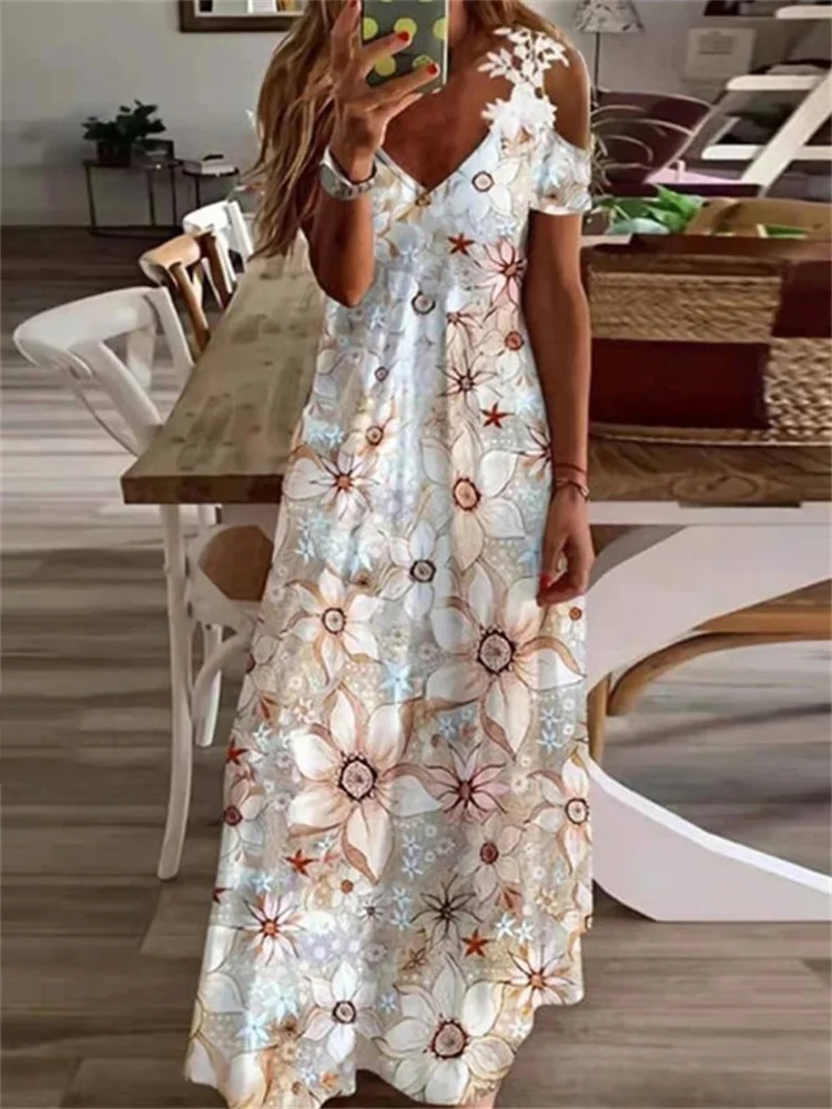 Flowers Print Lace Hollow Shoulder Maxi Dress