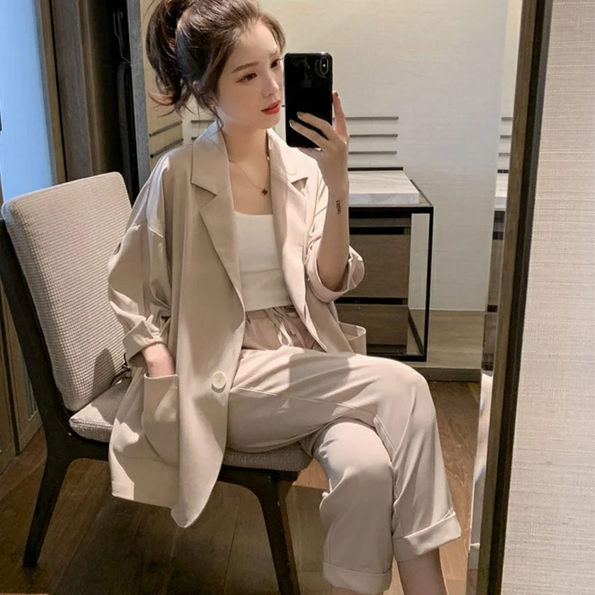 Women Pant Suits Solid Lantern Sleeve Single Breasted Blazer High Elastic Waist Wide Leg Pants Casual Pink Beige 2 Piece Set S94