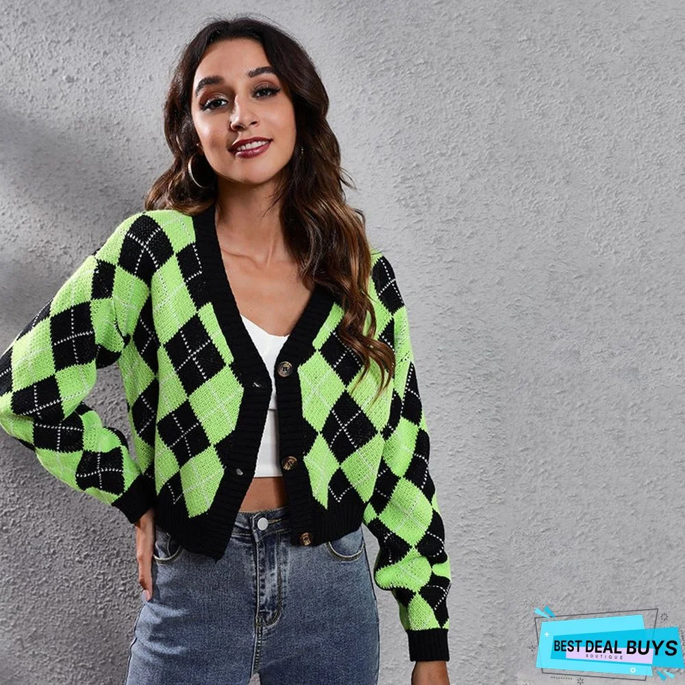 Rhombus Color Matching Diamond Loose Knit Cardigan Short Sweater