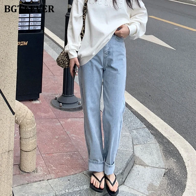 BGTEEVER Casual Loose Floor-Length Jeans Pants for Women High Waist Pockets Ladies Straight Denim Pants Summer Female Trousers