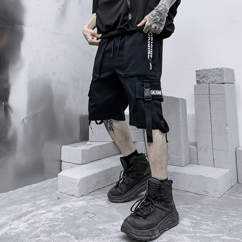 Black Casual Techwear Style Strapped Shell Buckle Drawstring Shorts ...