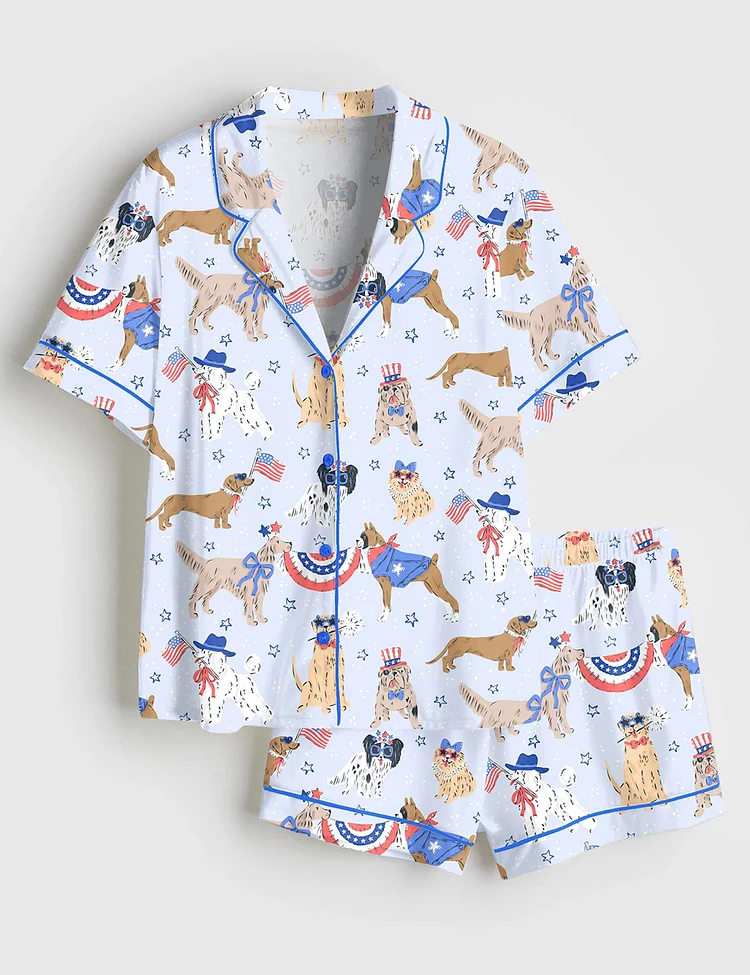 Women&rsquo;s Patriotic Dog Art America Red White And Blue Summer Print Short Sleeve Satin Pajama Set