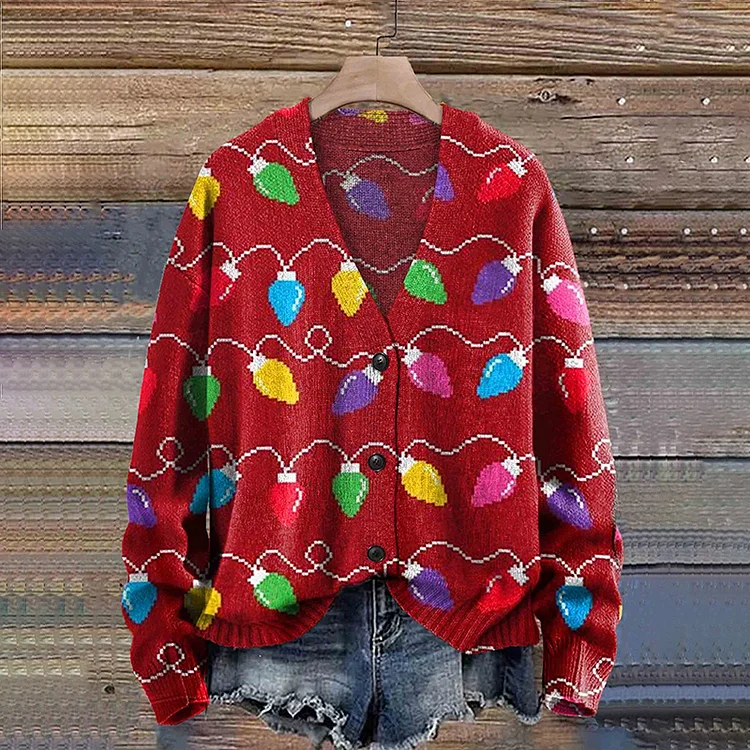 VChics Christmas Lights Print Buttoned Cardigan Sweater