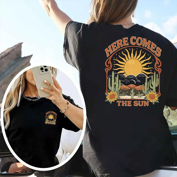 Here Comes The Sun T-Shirt Retro Sunshine Graphic Shirt   Vintage Vacation Short Sleeve Tees，Unisex Cotton, Custom Year Of Birth T shirt