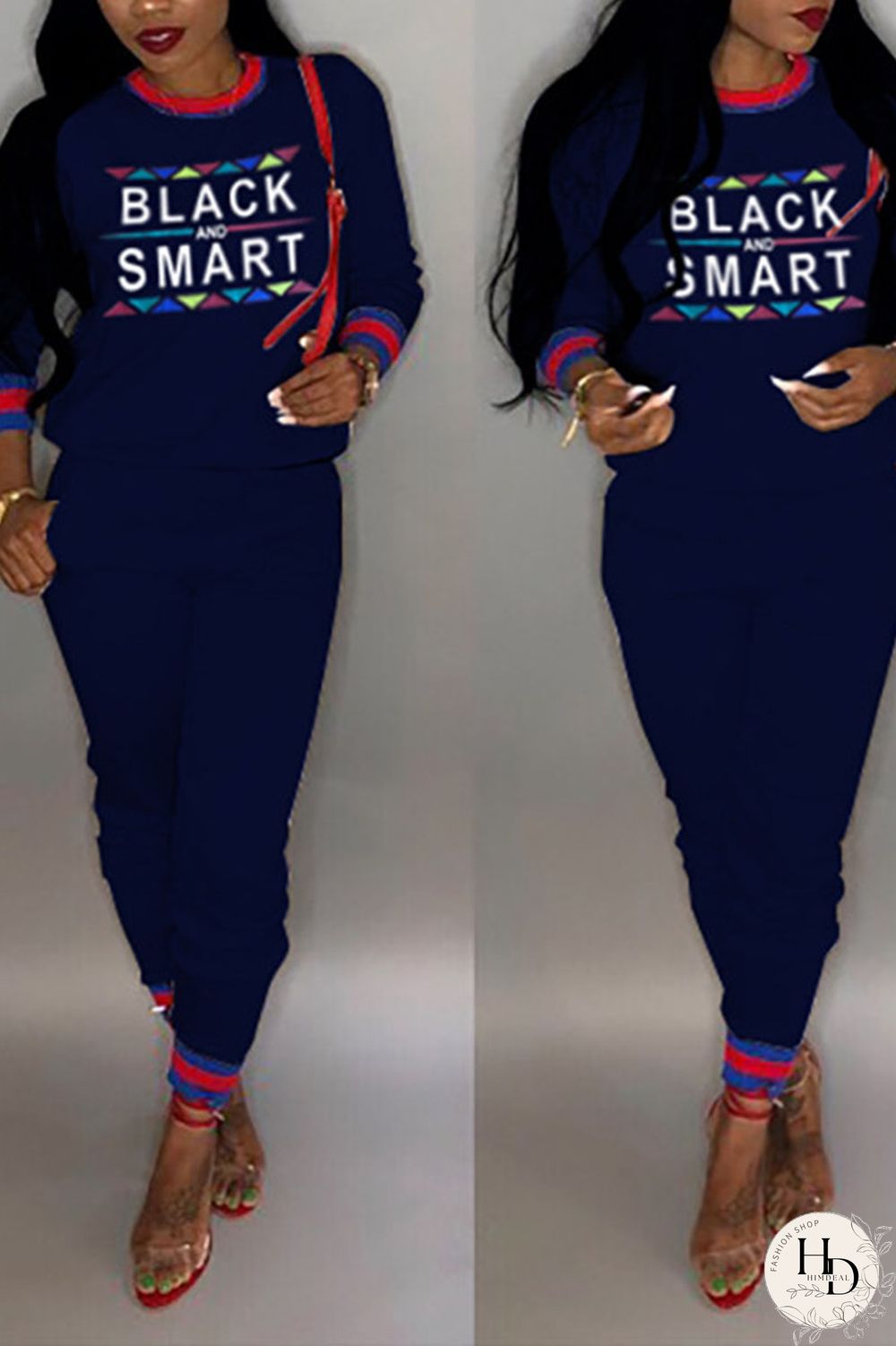 Tibetan Blue Casual Print Split Joint O Neck Long Sleeve Two Pieces