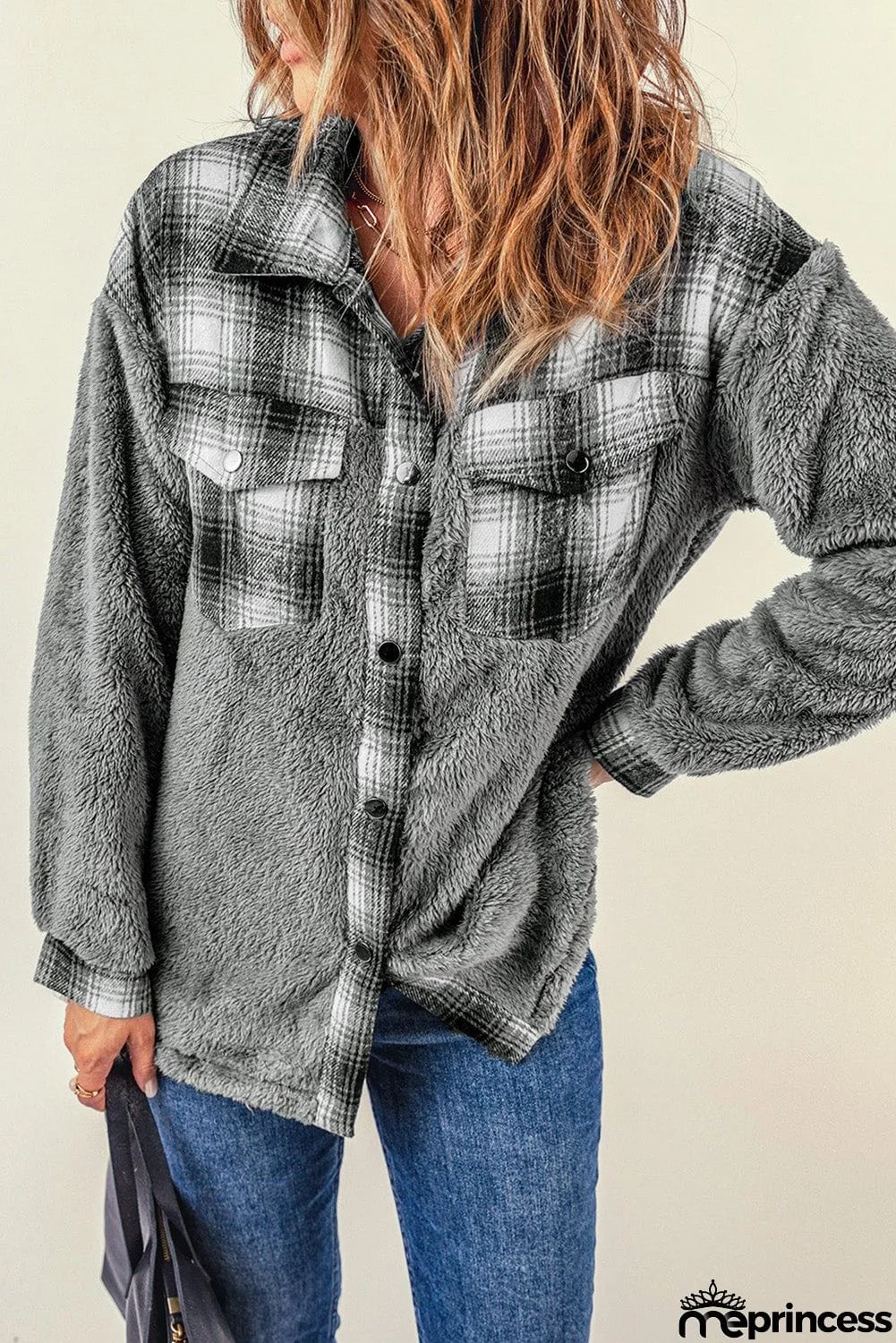 Plaid Patchwork Buttoned Pocket Sherpa Jacket