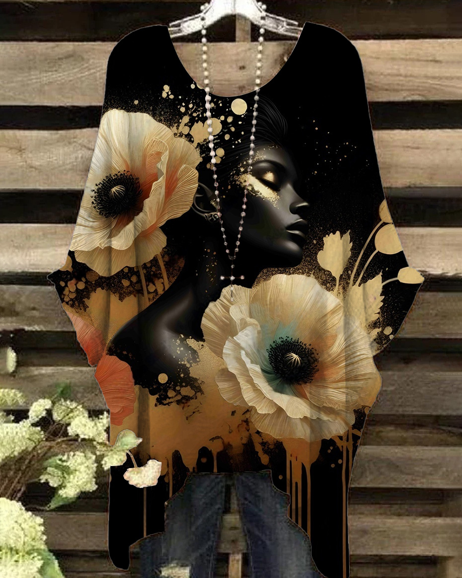 African Woman With Flowers Gold Look Printed Casual Blouses