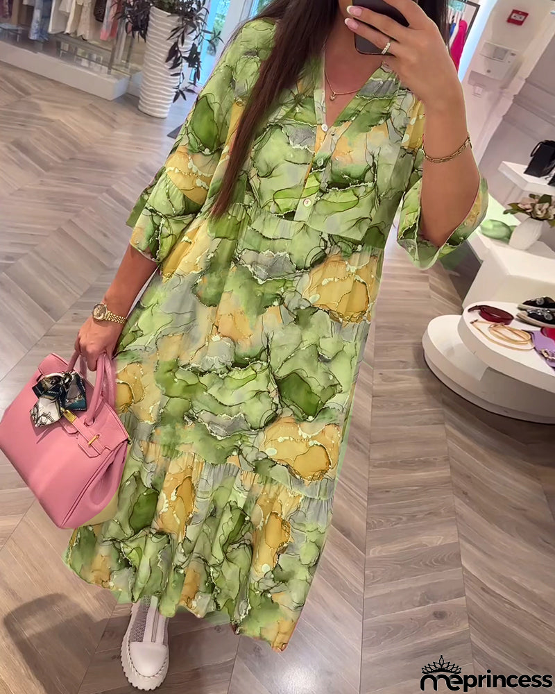 V-neck soft loose dress with print