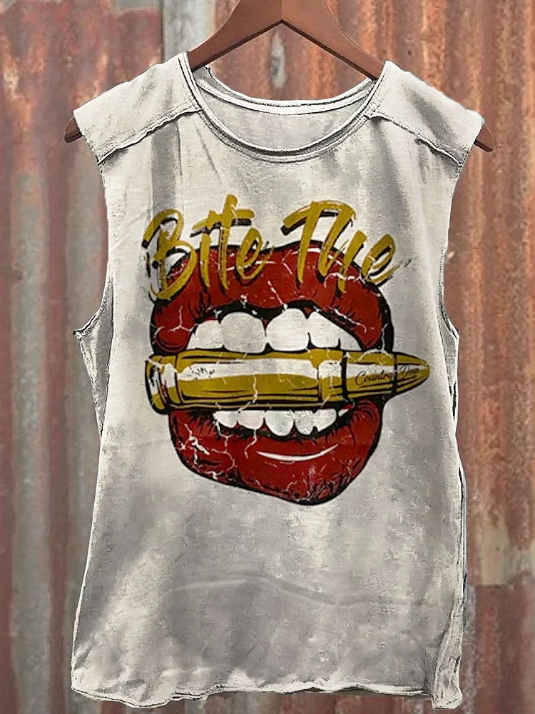 Vintage Country Deep Bite The Bullet Print Casual Tank Top