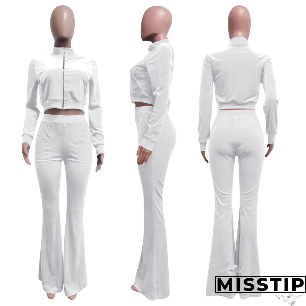 Velvet Solid Zip Jacket Crop Top Flared Pants Set