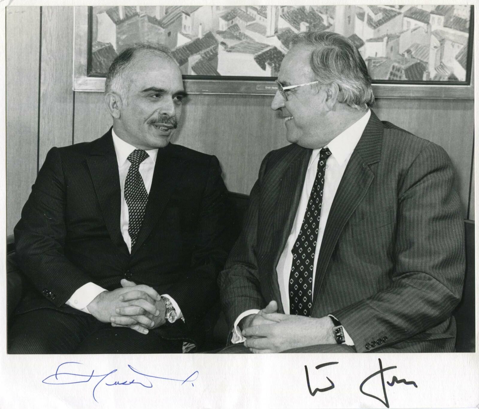 King Hussein of Jordan & Helmut Kohl autograph, signed cardboard with a Photo Poster painting