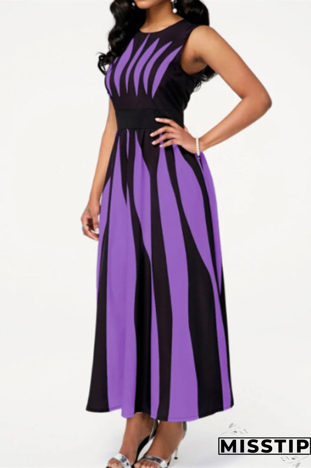 Black Purple Fashion Casual Print Patchwork O Neck Sleeveless Dress