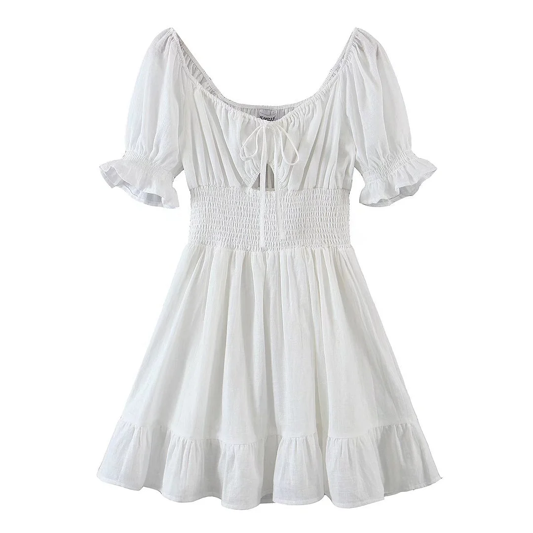 White dress short sleeve Summer dresses for women 2022 fashion mini dress women elegant vintage puff sleeve dresses white