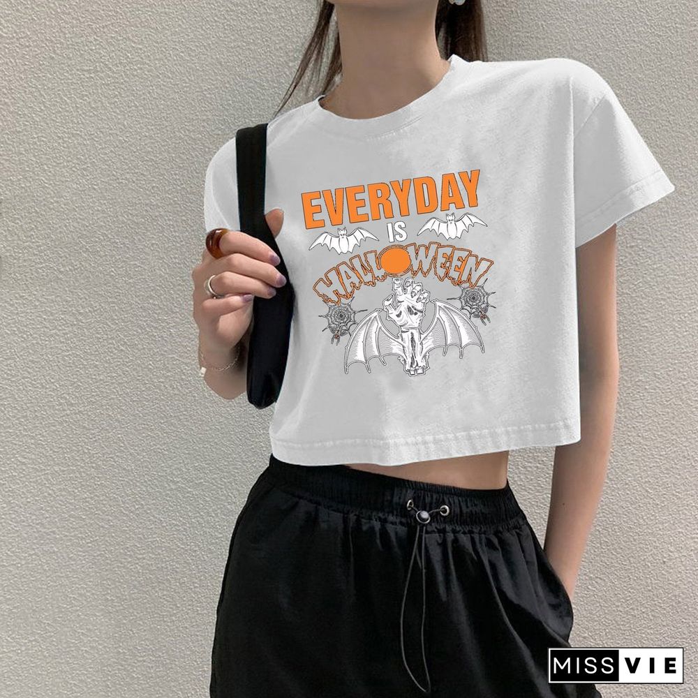 Crew Neck Halloween Letter Print Short Sleeve Crop Tops