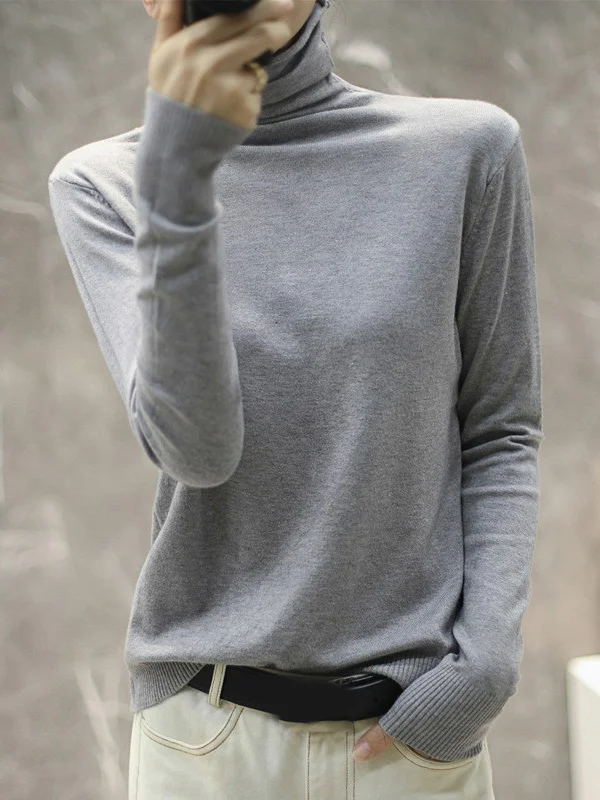 Solid Color Heaps Collar Long Sleeve Knitwear Tops