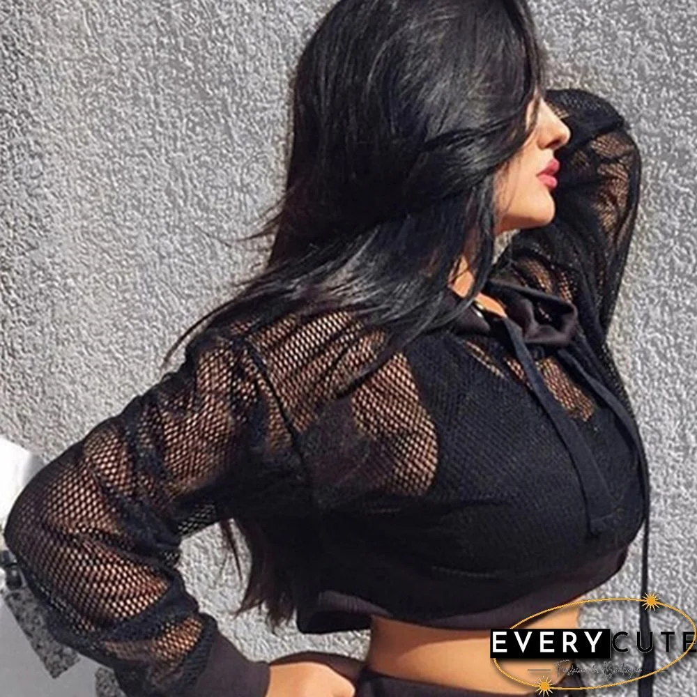 Women's Fashion Hoodie Sweatshirt Sports Pullover Mesh Crop Tops