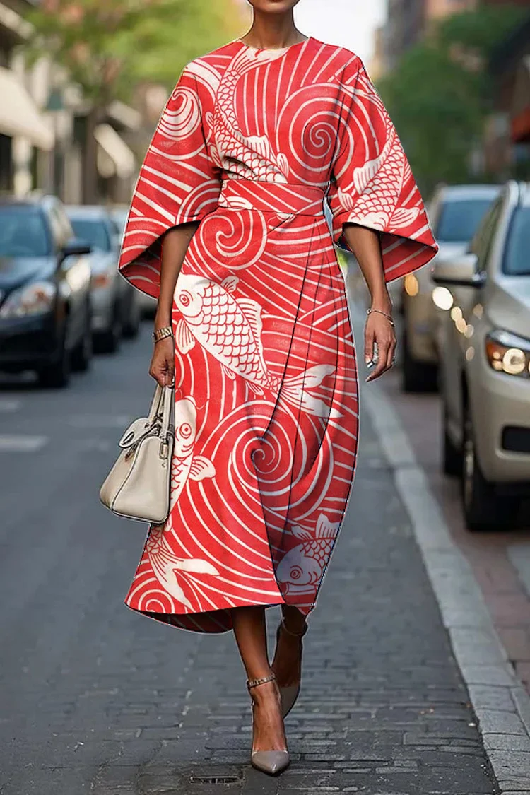 Women's Vintage Elegant Japanese Fish Print Midi Dress