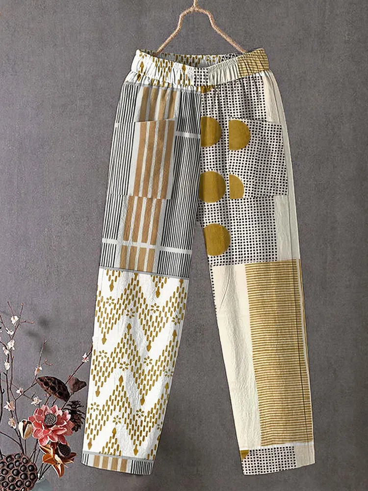 Women's Vintage Abstract Geometric Art Print Cotton And Linen Casual Pants