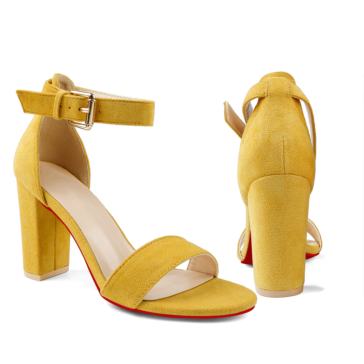 90mm Women's Chunky Heel Sandals Red Bottom High Heels Open Toe Ankle Strap Shoes-MERUMOTE