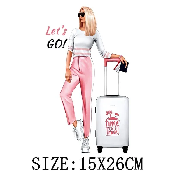 Traveling Girls Iron On Transfers For Hoodies DIY Washable Thermal Stickers On T-shirt Funny Design On Clothes Patches Appliqued