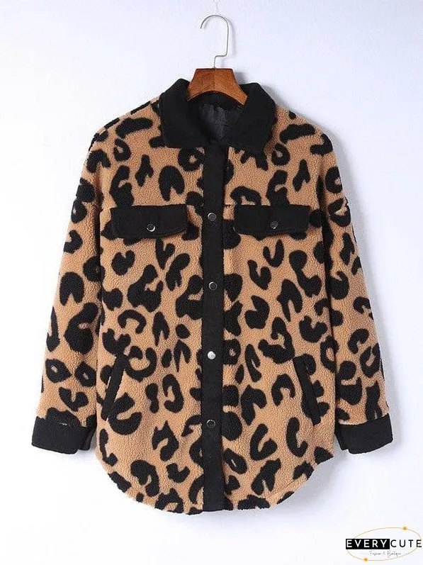 Leopard Print Polar Fleece Cardigan Jacket For Women