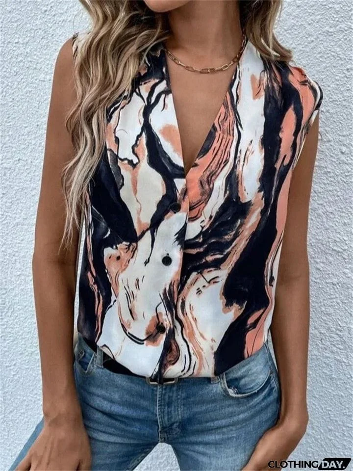 Female Modish Printed V Neck Sleeveless Button Blouses