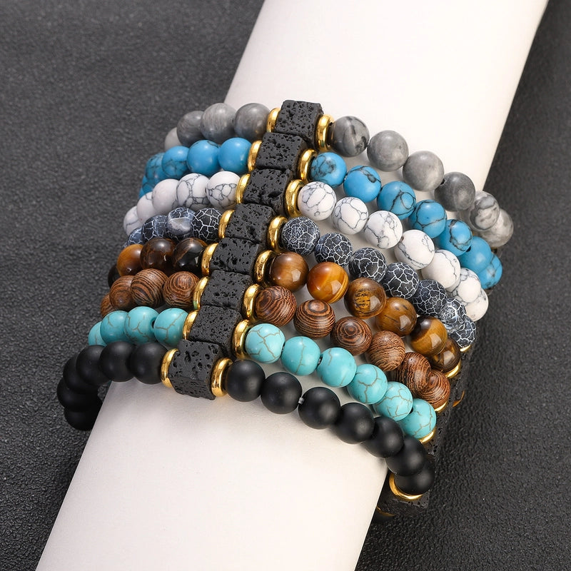 New Lava Cube Volcanic Stone Bracelet Men’s Colorful Marble Glass Beads Retro Bracelet