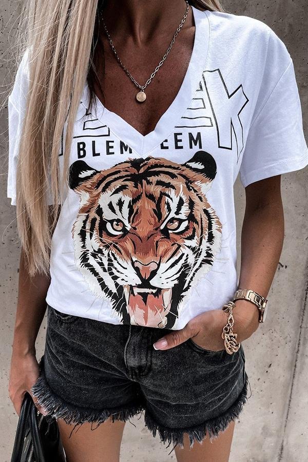 V-neck Tiger Print Casual T-shirt P16370
