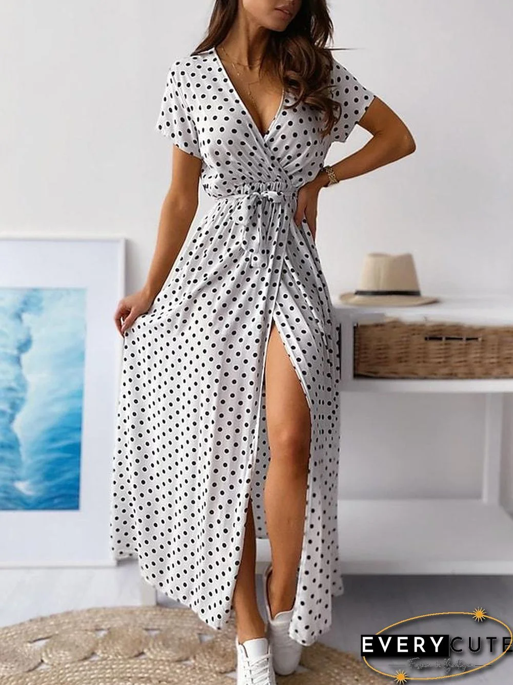 Women's Chiffon Dress Maxi Long Dress Short Sleeve Polka Dot Summer V Neck Sexy Boho