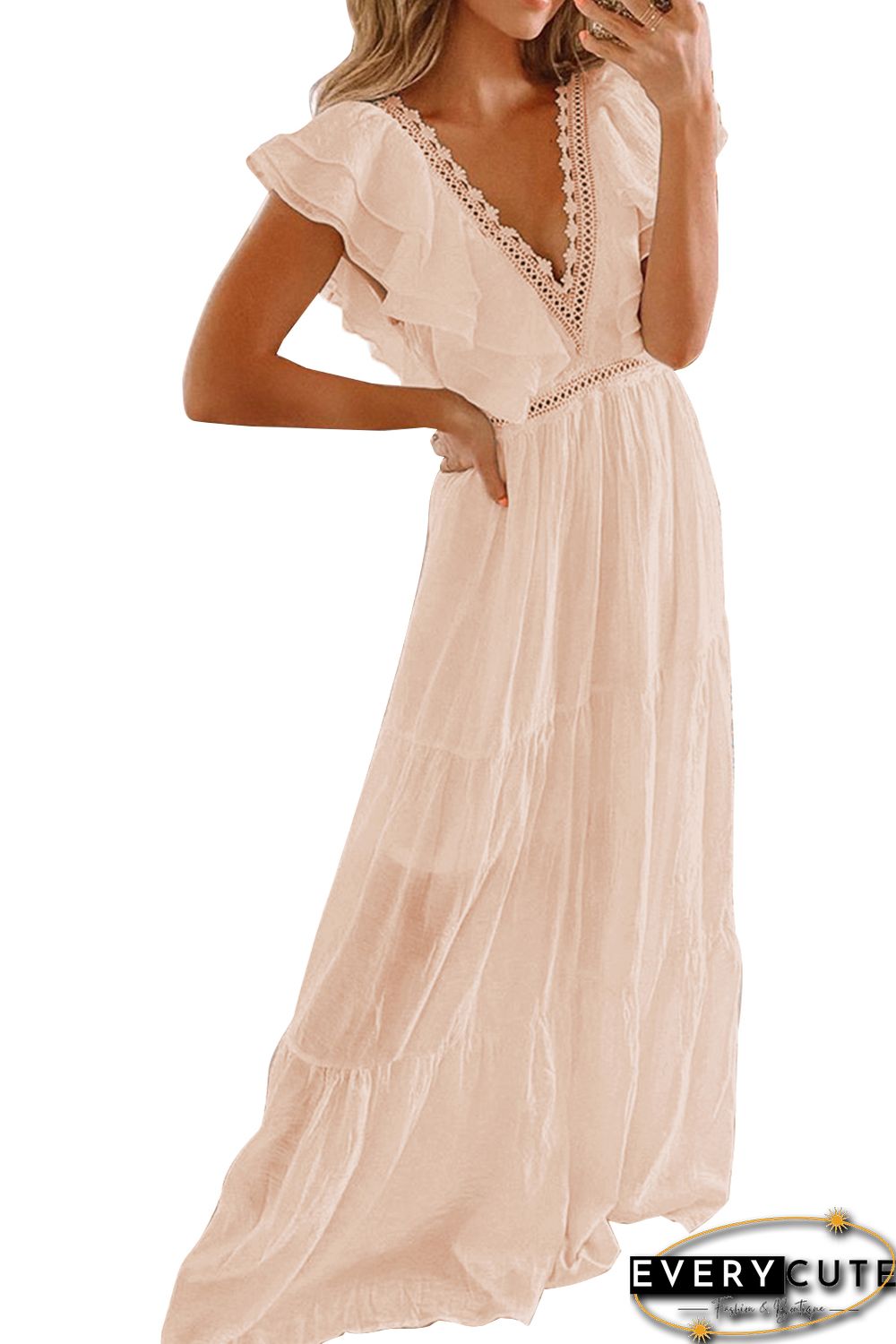 Pink Lace Splicing Ruffled Deep V Neck Maxi Dress