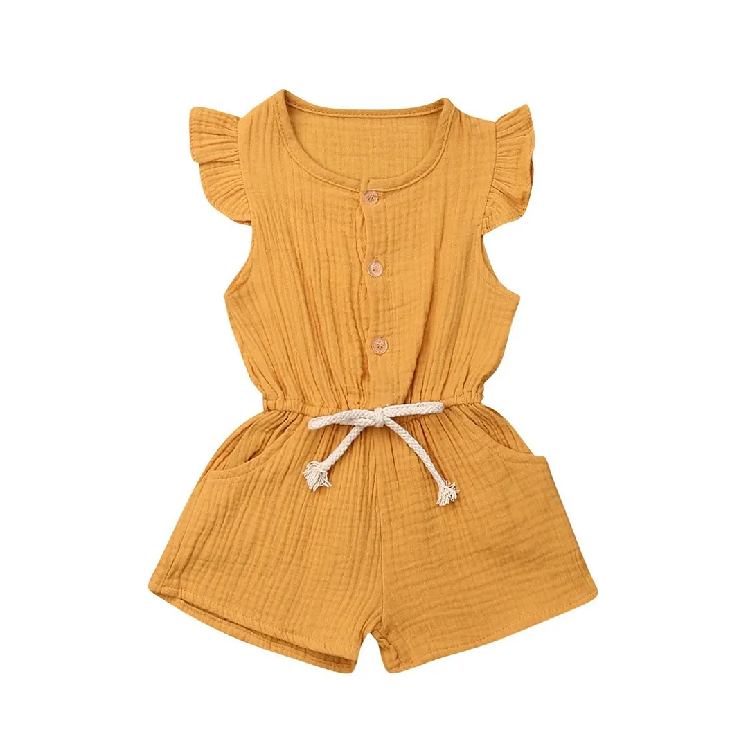 2019 Baby Summer Clothing Infant Kids Baby Girls Solid Romper Clothes Fly-Sleeve Playsuits Sash Jumpsuit Overall Outfits 6M-4Y