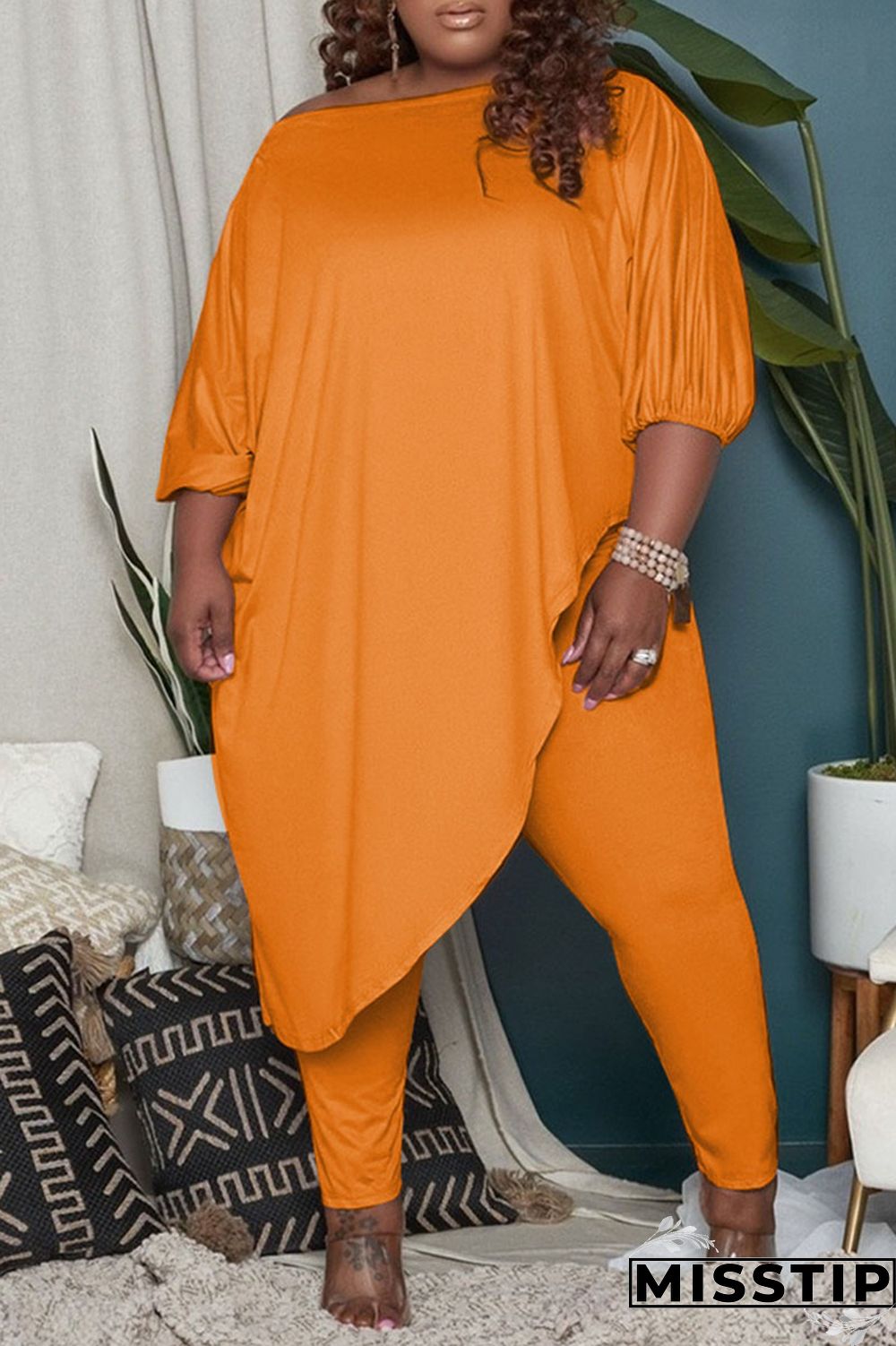 Green Fashion Casual Solid Asymmetrical Oblique Collar Plus Size Two Pieces