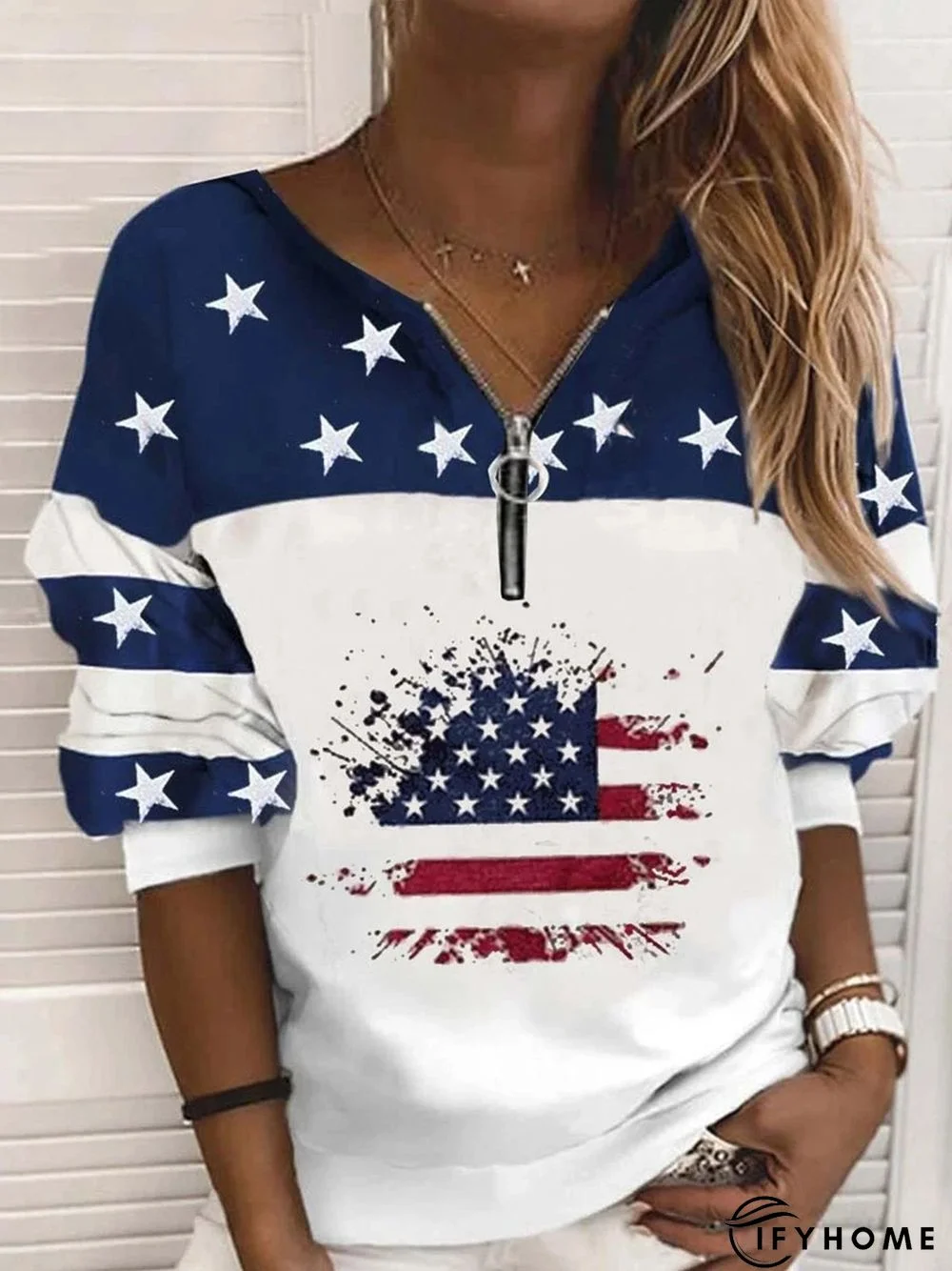 Casual Hippie Stars Zipper Flag Printed Round Neck Sweatshirt | IFYHOME