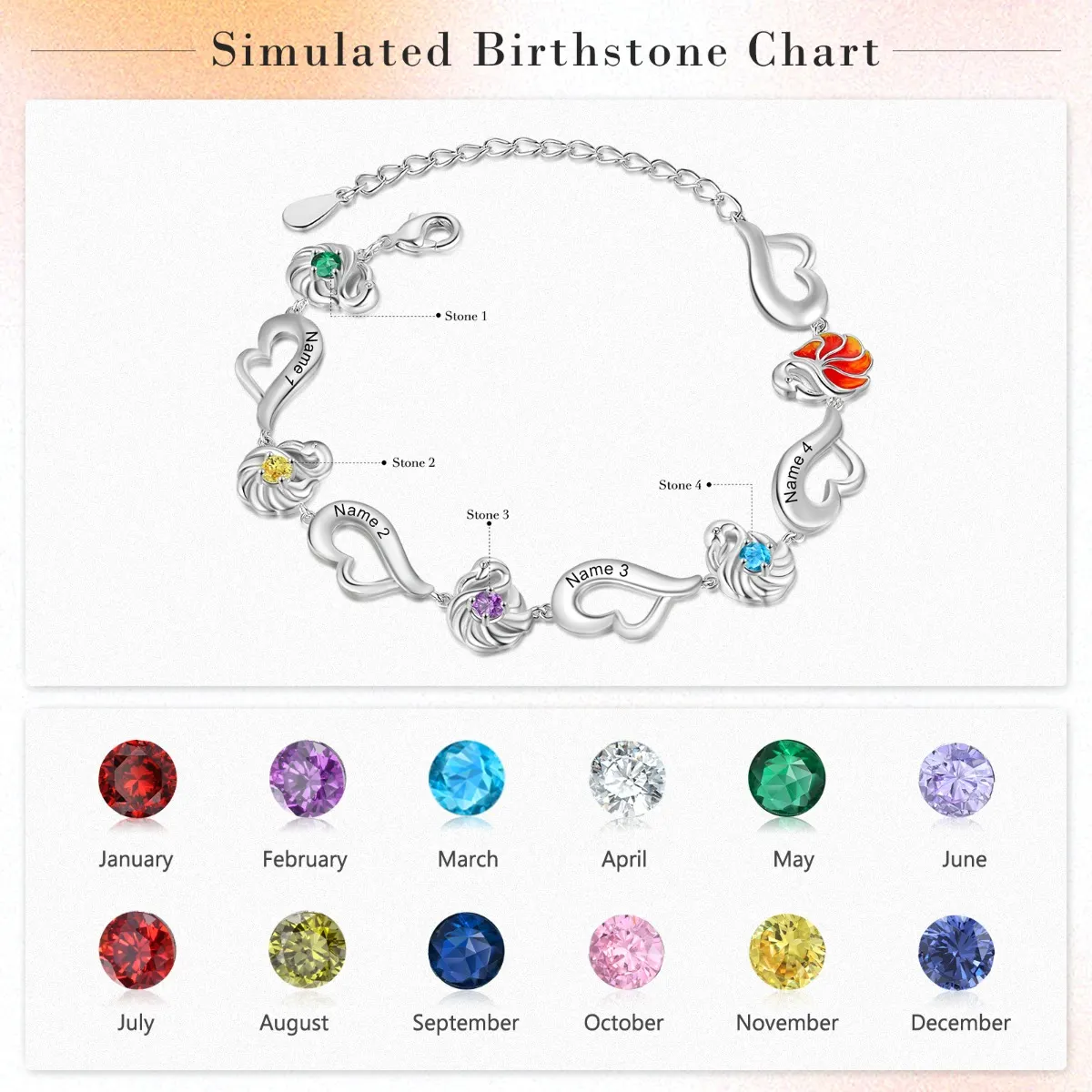 Bracelet Personnalisé Pour Femme Avec Prénoms Et Pierres De Naissance | Pendentif Cœur Gravé - Cadeau Pour Maman, Mamie - Chaîne Ajustable