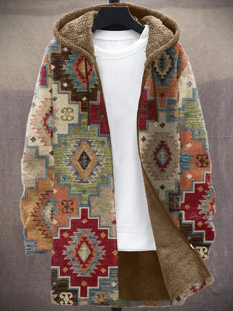 Men's Western Geometric Pattern Cozy Hooded Cardigan