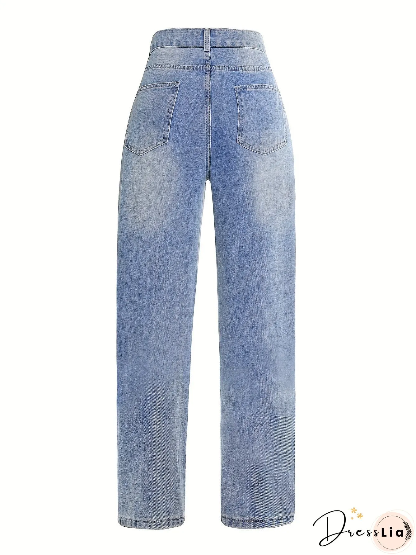 Blue Ripped Straight Jeans Slash Pockets High Waist Distressed Denim Pants Womens Clothing