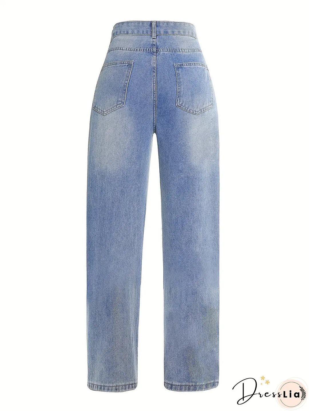 Blue Ripped Straight Jeans Slash Pockets High Waist Distressed Denim Pants Womens Clothing