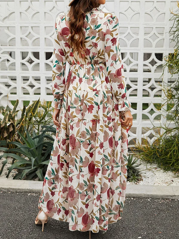 Graceful High-Waisted Long Sleeves Floral Print Maxi Dresses