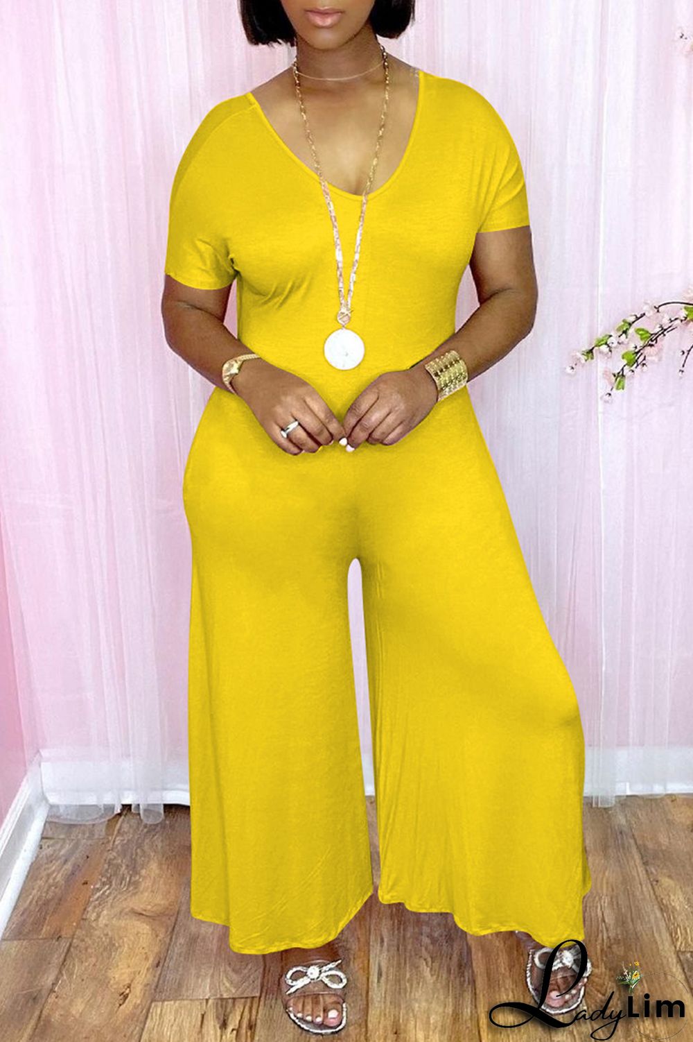 Pink Fashion Casual Solid Patchwork V Neck Regular Jumpsuits