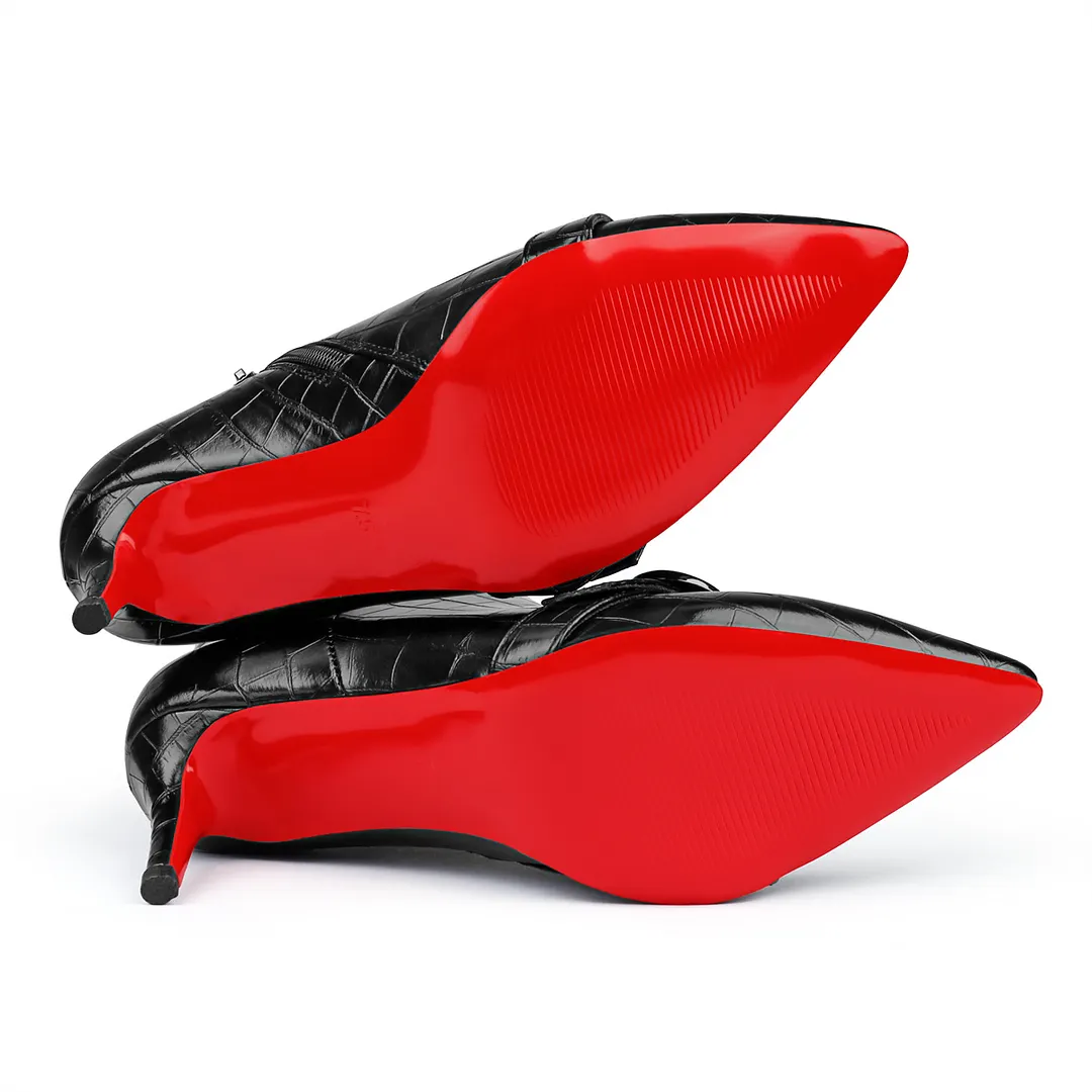 60mm Women's Pointed Toe Croc Pattern Kitten Heel Single Strap Red Bottom Booties-vocosishoes