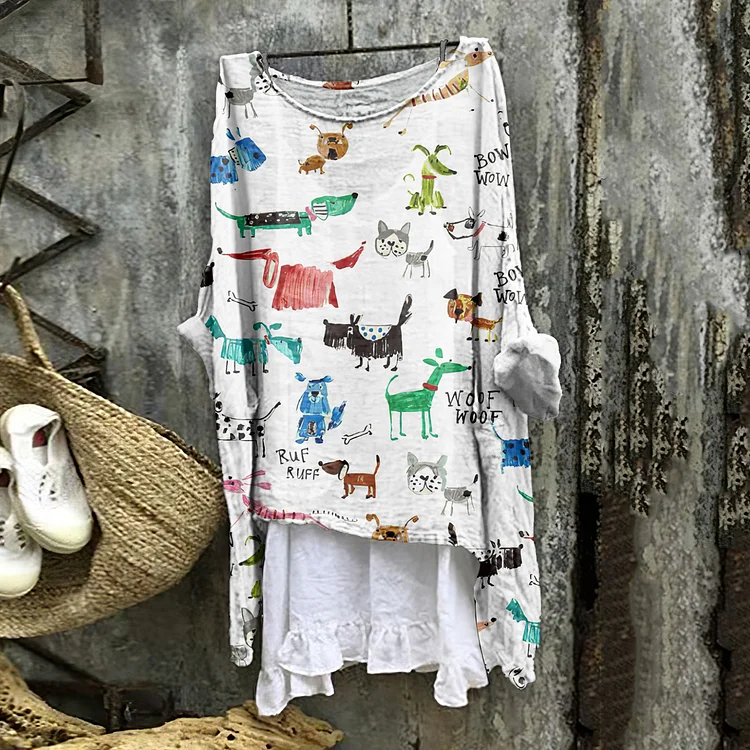 Colorful Sketch Puppy Print Crew Neck Shirt