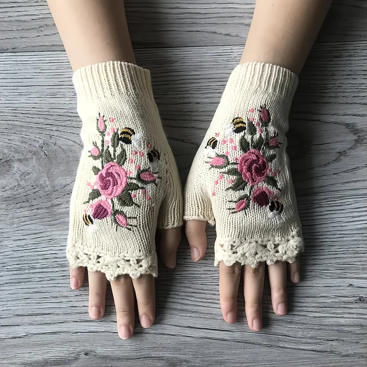 2023 Hand Embroidered Gloves Women's Knitted Gloves Flower Gloves - tree - Codlins