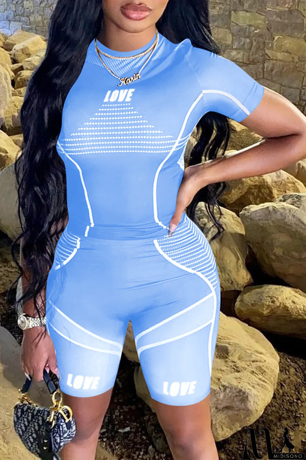 MidiSono - Purple Sexy Print Split Joint O Neck Short Sleeve Two Pieces