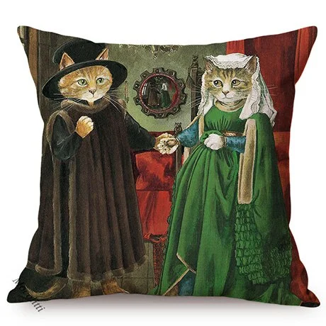 45x45cm Cat Funny Portrait Imitate World Famous Oil Painting Nordic Art Poster Home Decor Cushion Cover Sofa Pillow Case