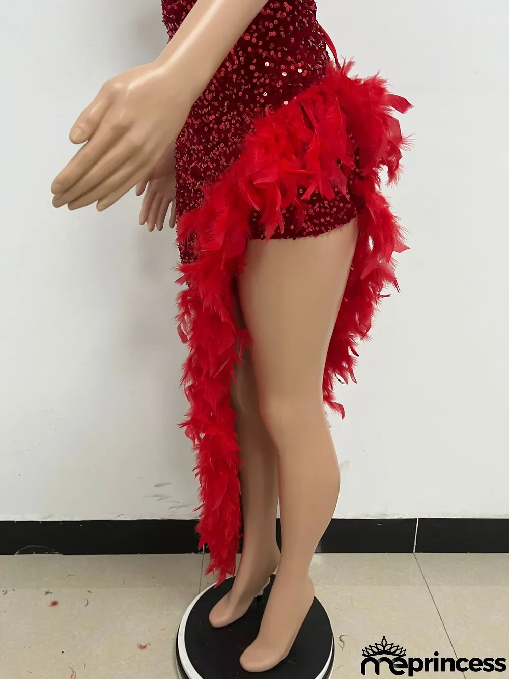 Women Sexy Off Shoulder Backless Sequin Feather Dress